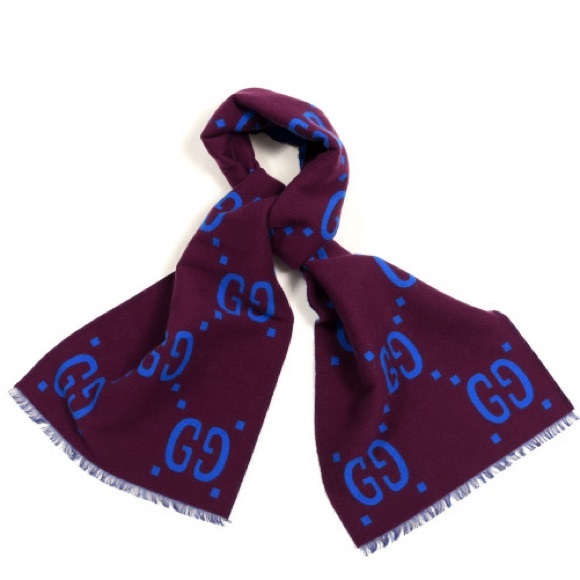 Gucci Wool Silk Monogram Jumbo GG Freedom Scarf Lacquer Blue - Picture 3 of 5